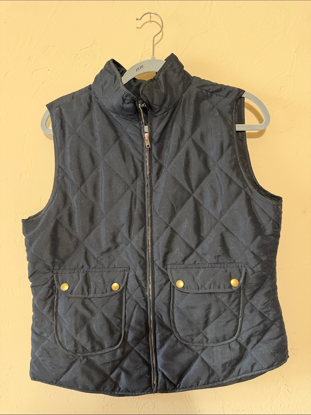 dee elle Quilted Navy Sleeveless Puffer Vest with Gold Buttons